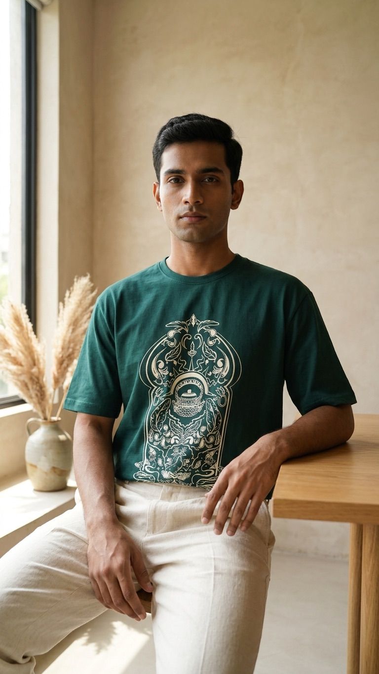 Indithrob Men Indian Aesthestics Tea Pot Print Graphic Oversized T-Shirt