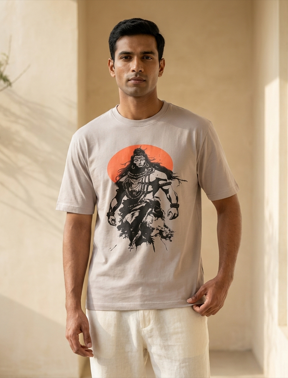 Indithrob Divine Mahadev Beige Lord Shiva Bold Art Printed Oversized T-Shirt